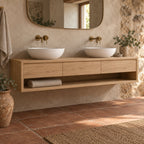Floating Solid Wood Oak Bathroom Vanity, Wall-Mounted Washstand with Three Drawers & Open Towel Shelf