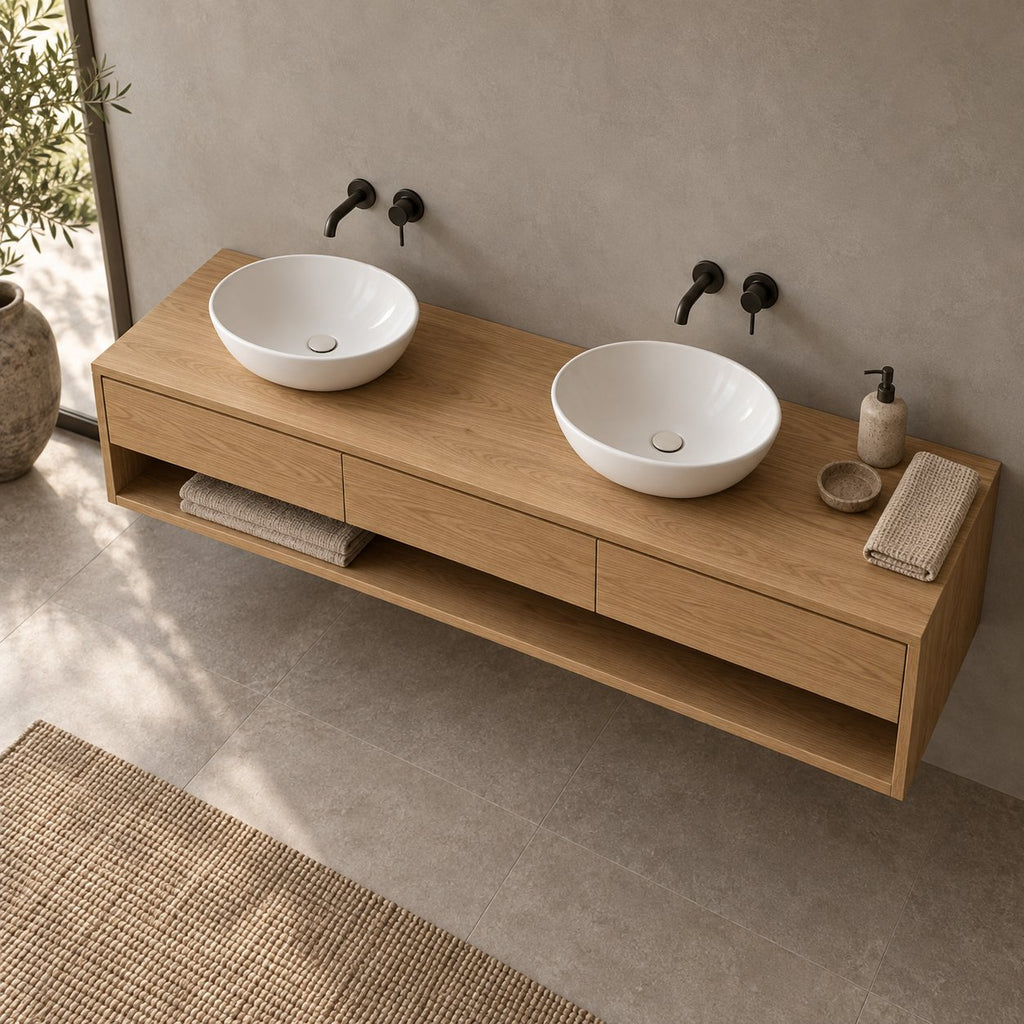 Floating Solid Wood Oak Bathroom Vanity, Wall-Mounted Washstand with Three Drawers & Open Towel Shelf