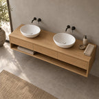Floating Solid Wood Oak Bathroom Vanity, Wall-Mounted Washstand with Three Drawers & Open Towel Shelf