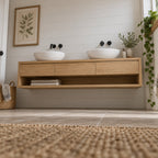 Floating Solid Wood Oak Bathroom Vanity, Wall-Mounted Washstand with Three Drawers & Open Towel Shelf