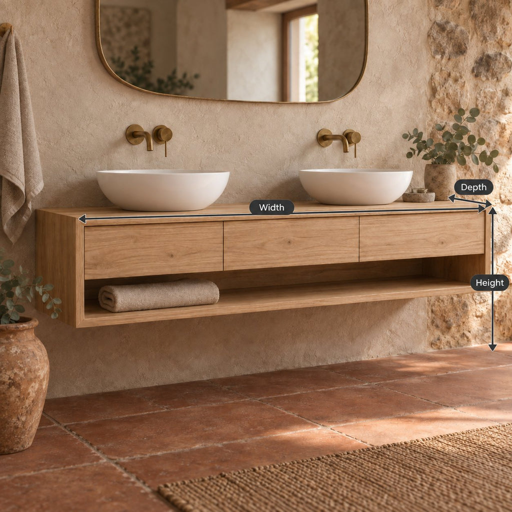 Floating Solid Wood Oak Bathroom Vanity, Wall-Mounted Washstand with Three Drawers & Open Towel Shelf