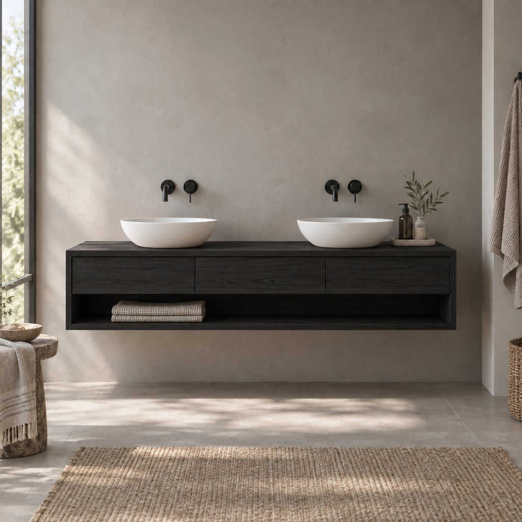 Floating Solid Wood Oak Bathroom Vanity, Wall-Mounted Washstand with Three Drawers & Open Towel Shelf