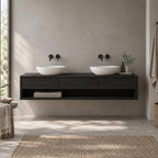 Floating Solid Wood Oak Bathroom Vanity, Wall-Mounted Washstand with Three Drawers & Open Towel Shelf