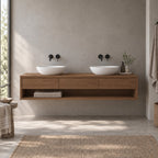 Floating Solid Wood Oak Bathroom Vanity, Wall-Mounted Washstand with Three Drawers & Open Towel Shelf