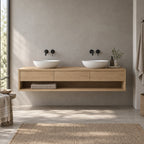 Floating Solid Wood Oak Bathroom Vanity, Wall-Mounted Washstand with Three Drawers & Open Towel Shelf