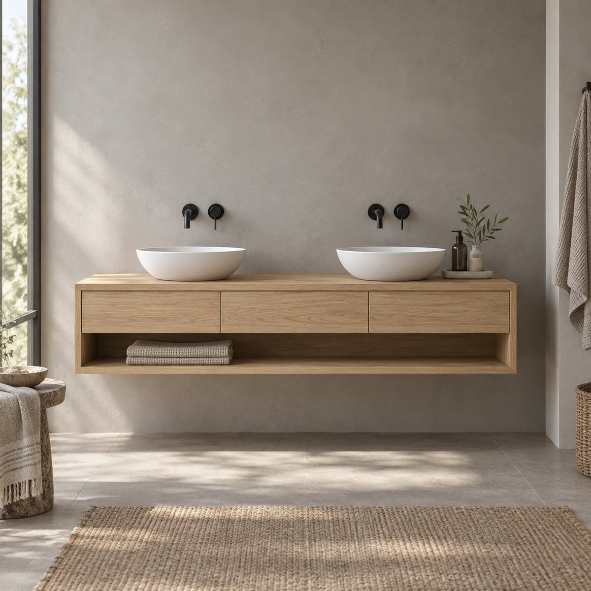 Floating Solid Wood Oak Bathroom Vanity, Wall-Mounted Washstand with Three Drawers & Open Towel Shelf