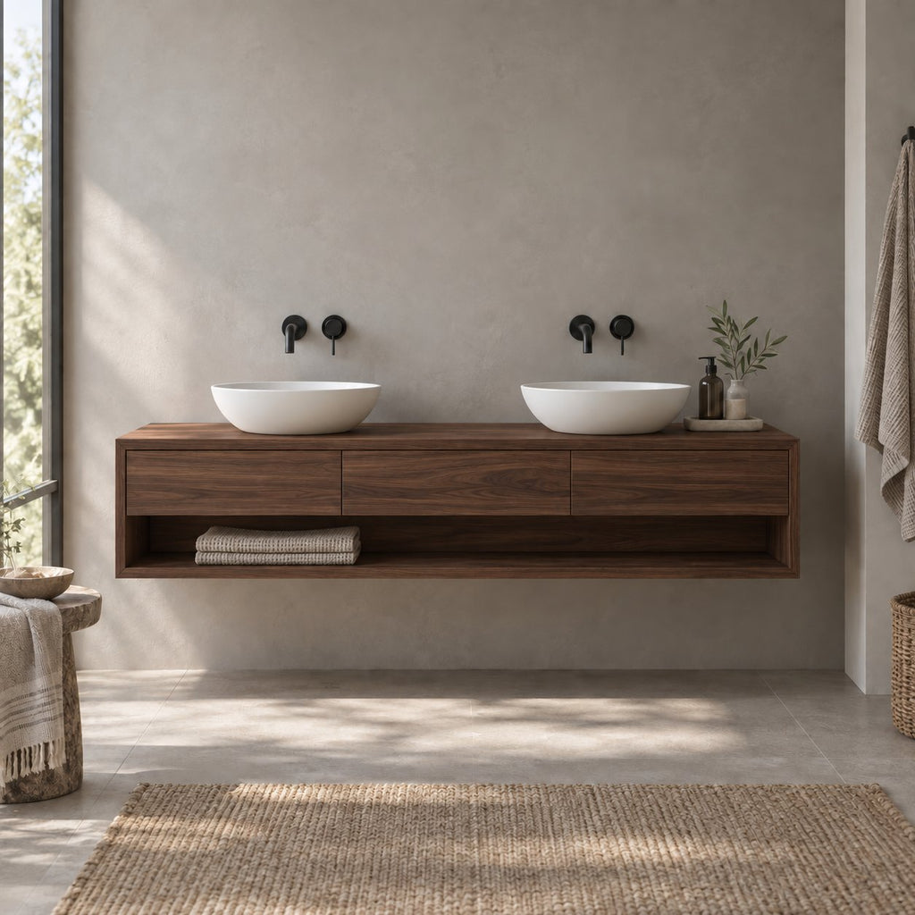 Floating Solid Wood Oak Bathroom Vanity, Wall-Mounted Washstand with Three Drawers & Open Towel Shelf