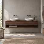 Floating Solid Wood Oak Bathroom Vanity, Wall-Mounted Washstand with Three Drawers & Open Towel Shelf