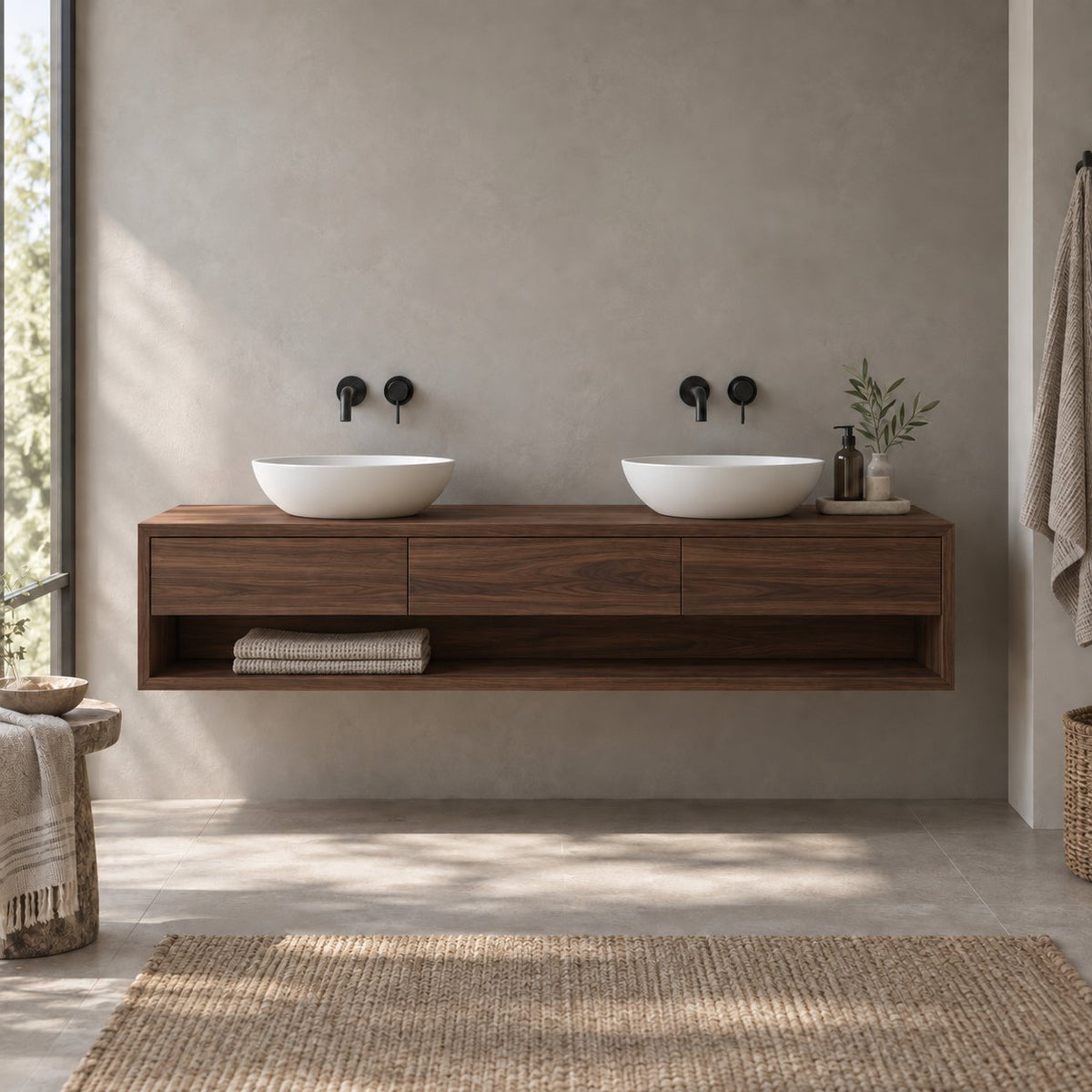 Floating Solid Wood Oak Bathroom Vanity, Wall-Mounted Washstand with Three Drawers & Open Towel Shelf