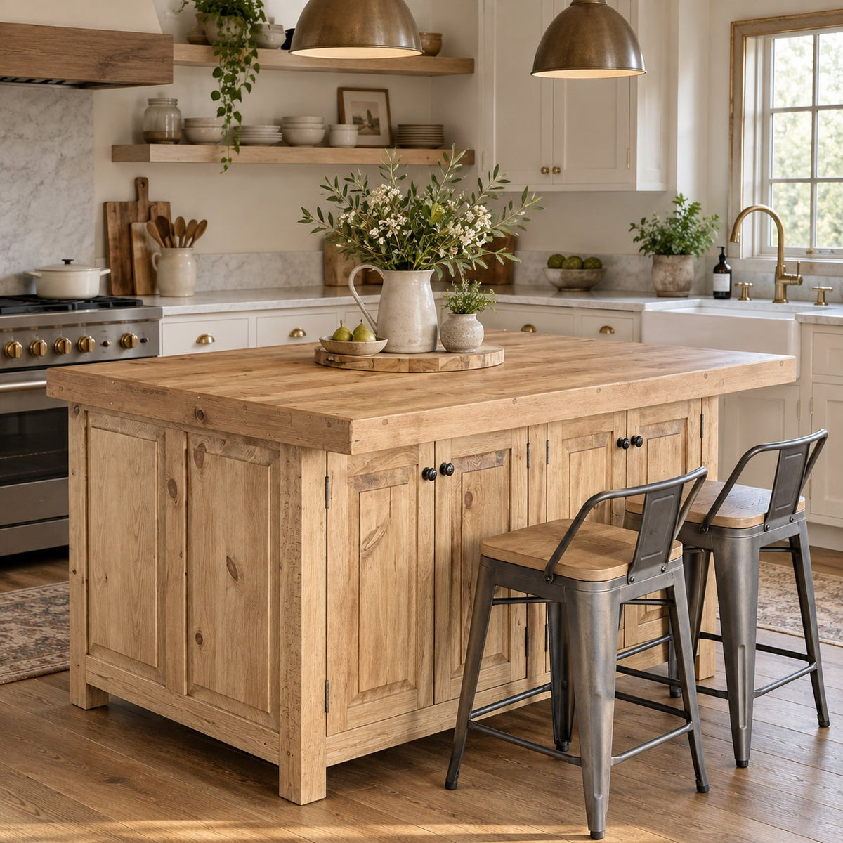 Farmhouse Solid Wood Kitchen Island, Butcher-Block Natural Pine Prep Station with Cabinet Storage