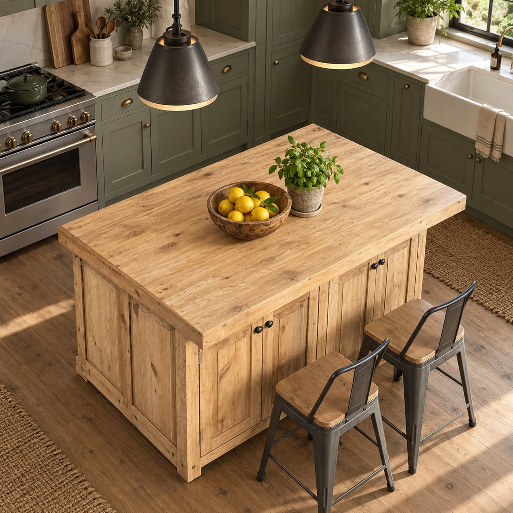 Farmhouse Solid Wood Kitchen Island, Butcher-Block Natural Pine Prep Station with Cabinet Storage