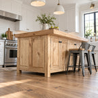 Farmhouse Solid Wood Kitchen Island, Butcher-Block Natural Pine Prep Station with Cabinet Storage