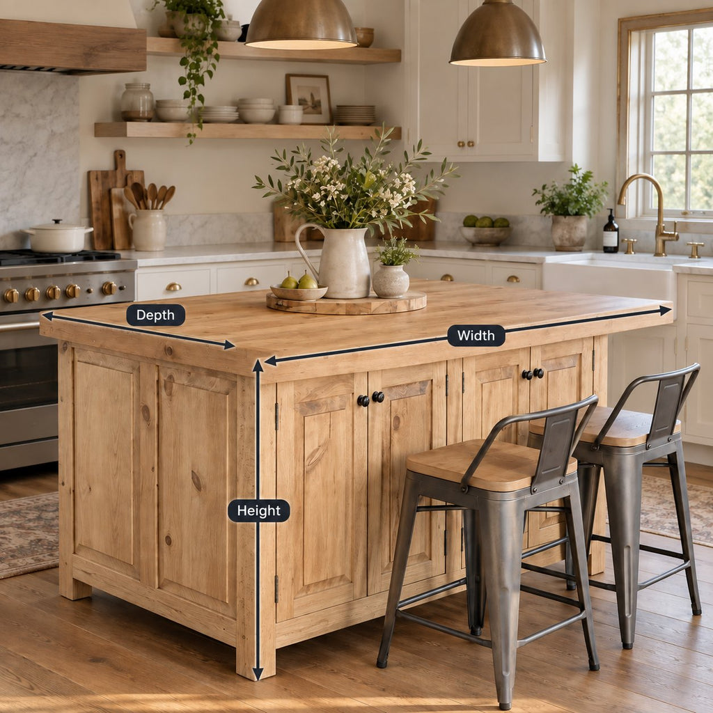 Farmhouse Solid Wood Kitchen Island, Butcher-Block Natural Pine Prep Station with Cabinet Storage