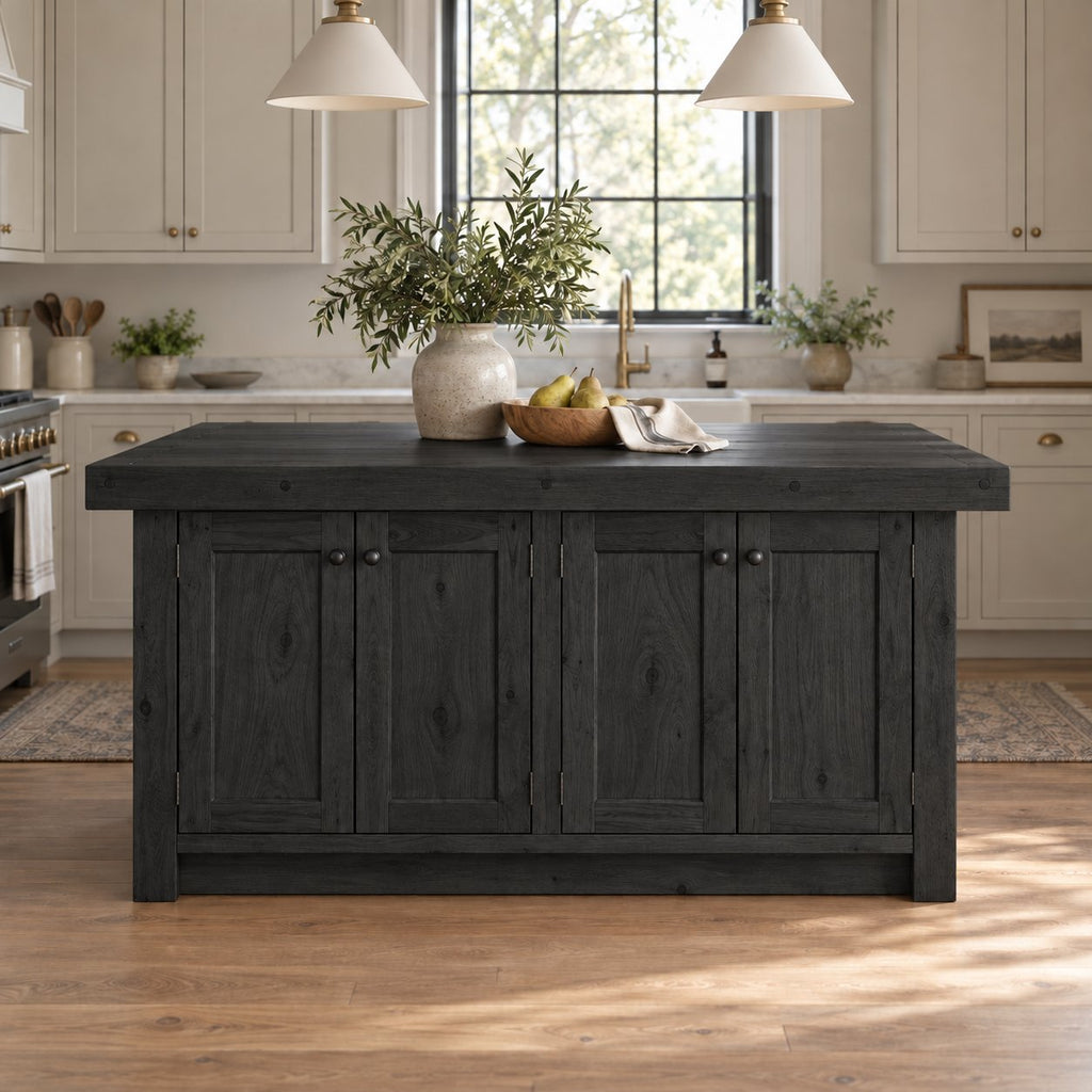 Farmhouse Solid Wood Kitchen Island, Butcher-Block Natural Pine Prep Station with Cabinet Storage