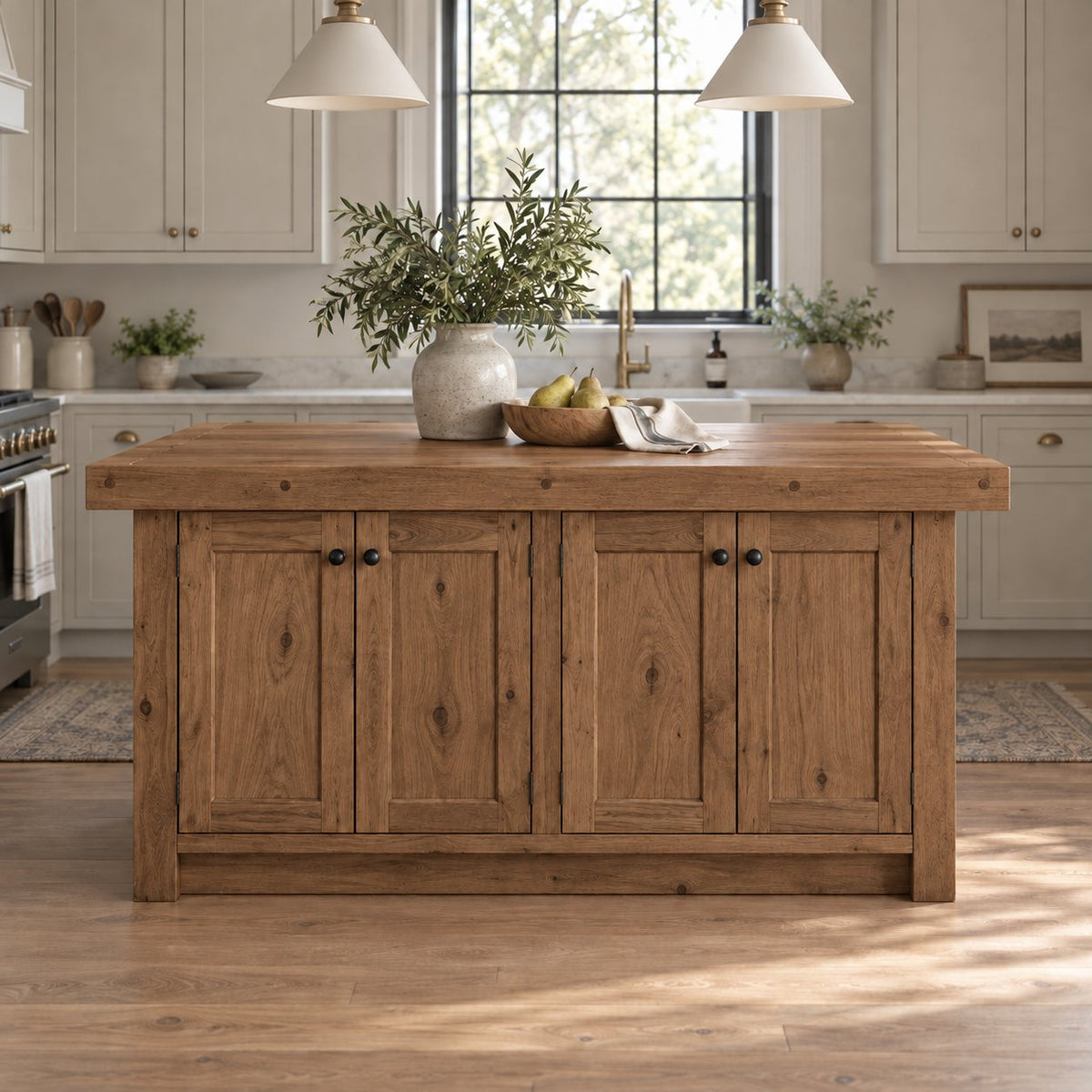 Farmhouse Solid Wood Kitchen Island, Butcher-Block Natural Pine Prep Station with Cabinet Storage