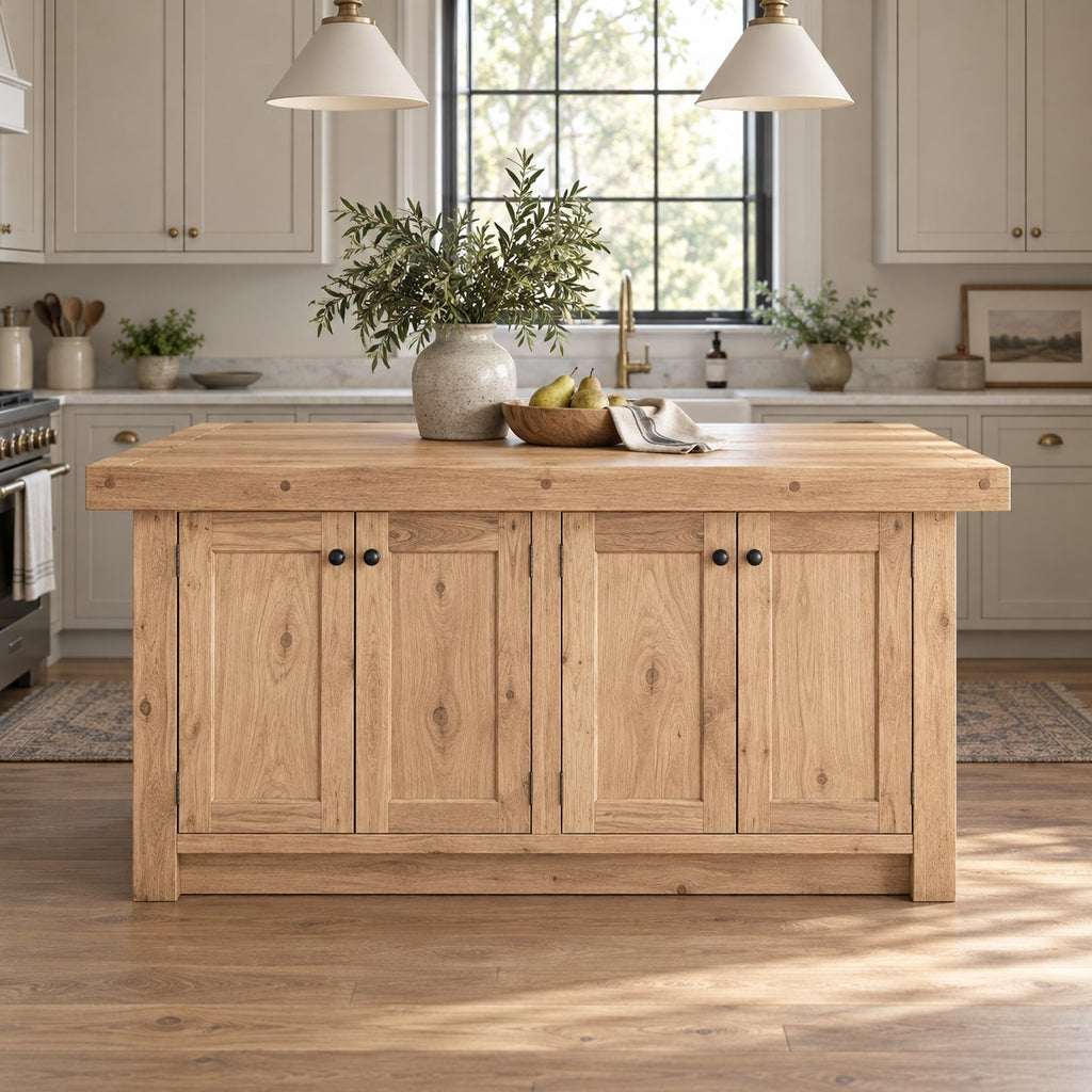 Farmhouse Solid Wood Kitchen Island, Butcher-Block Natural Pine Prep Station with Cabinet Storage