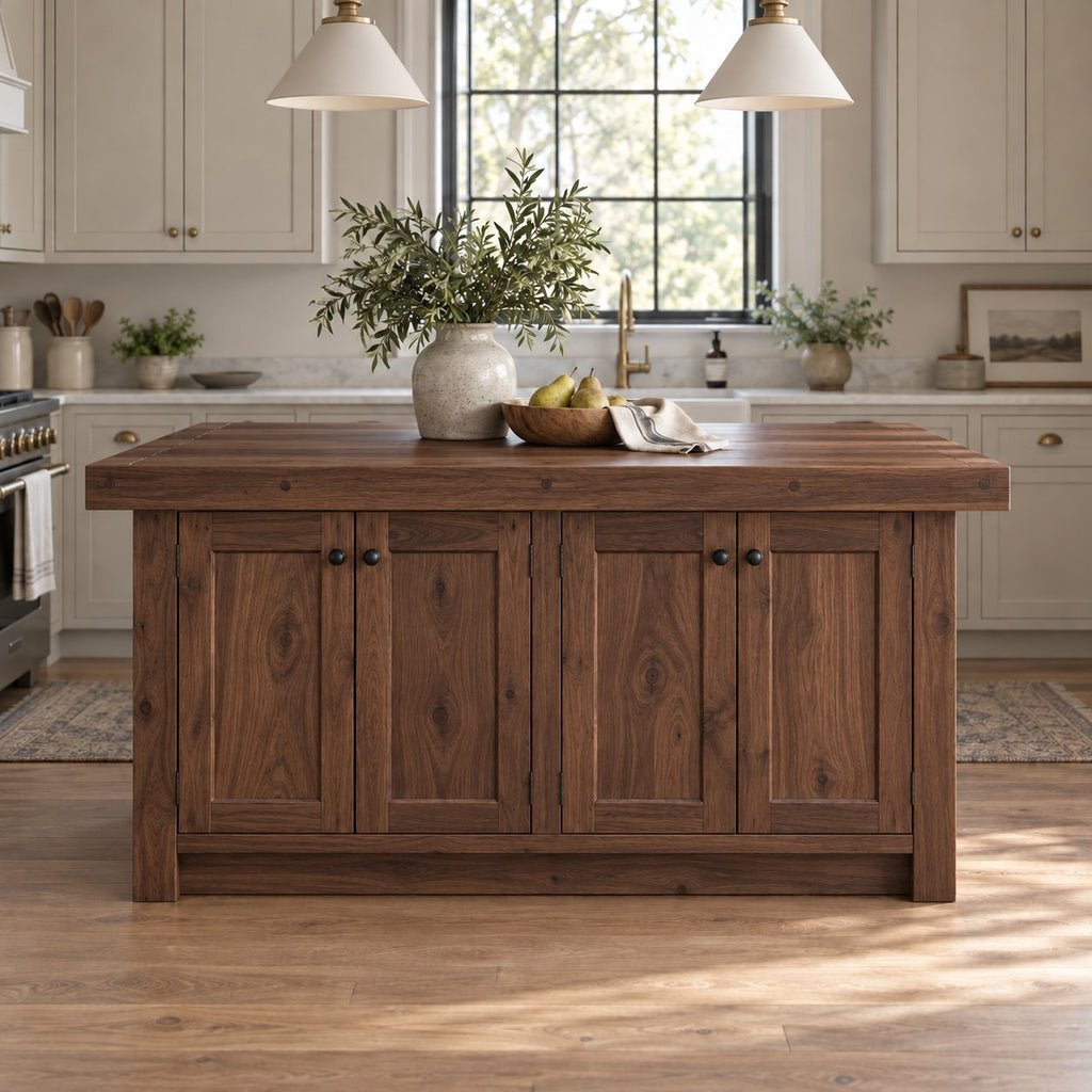 Farmhouse Solid Wood Kitchen Island, Butcher-Block Natural Pine Prep Station with Cabinet Storage