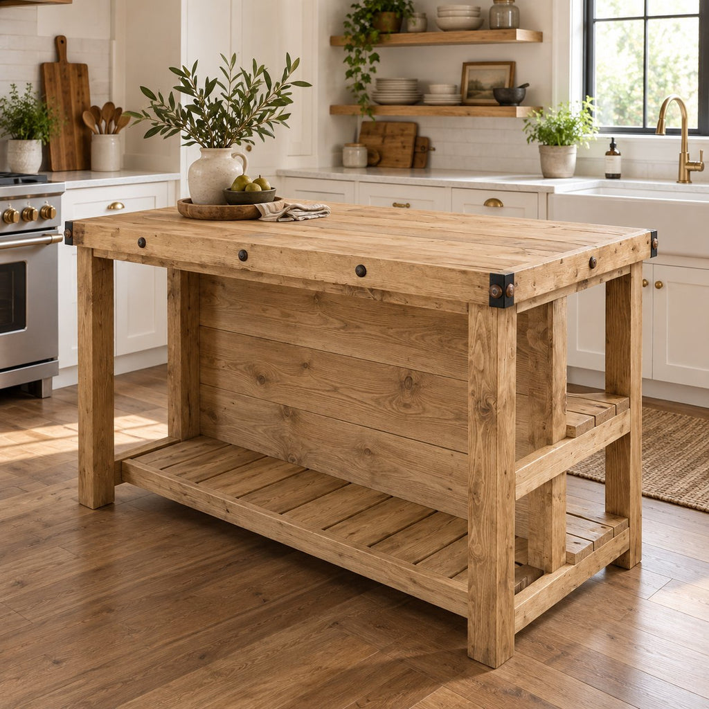 Industrial Solid Wood Kitchen Island, Rustic Bar-Height Prep Table with Open Shelf & Riveted Plank Top