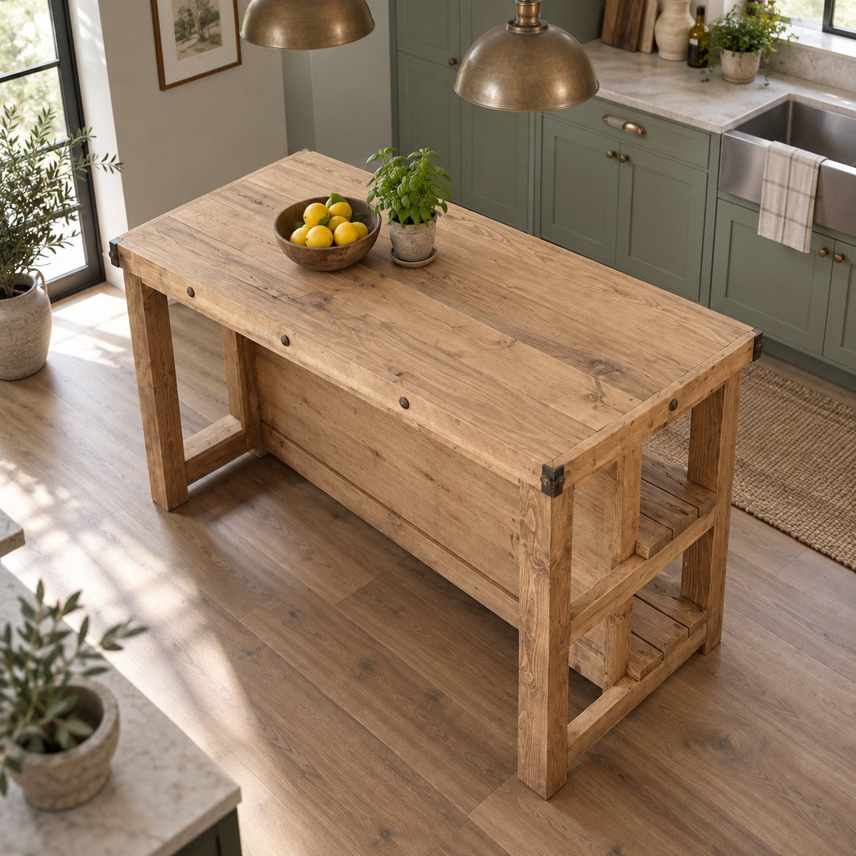 Industrial Solid Wood Kitchen Island, Rustic Bar-Height Prep Table with Open Shelf & Riveted Plank Top