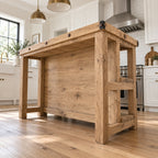 Industrial Solid Wood Kitchen Island, Rustic Bar-Height Prep Table with Open Shelf & Riveted Plank Top