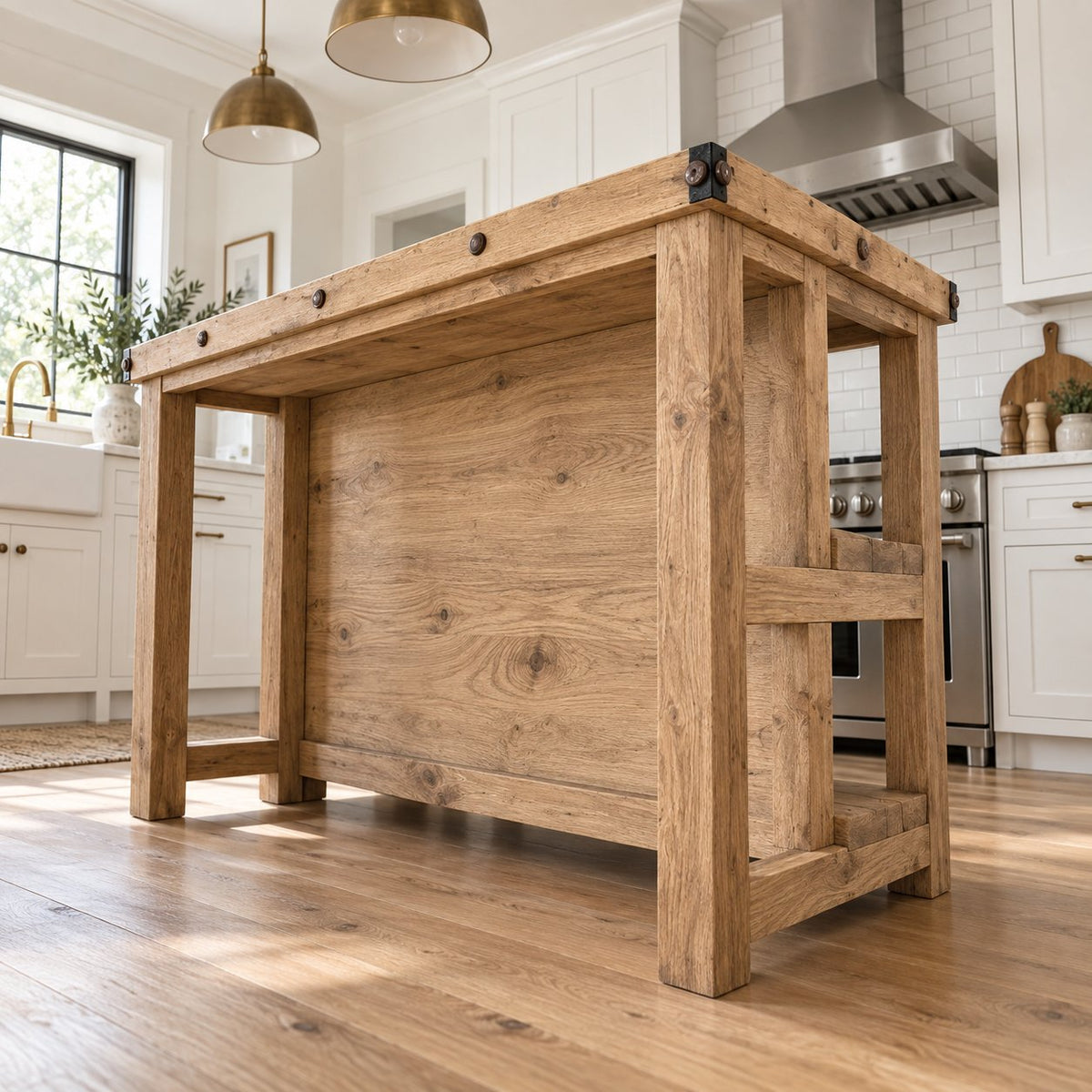 Industrial Solid Wood Kitchen Island, Rustic Bar-Height Prep Table with Open Shelf & Riveted Plank Top