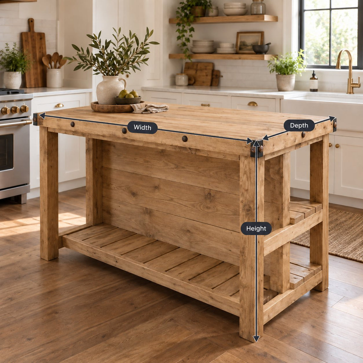 Industrial Solid Wood Kitchen Island, Rustic Bar-Height Prep Table with Open Shelf & Riveted Plank Top