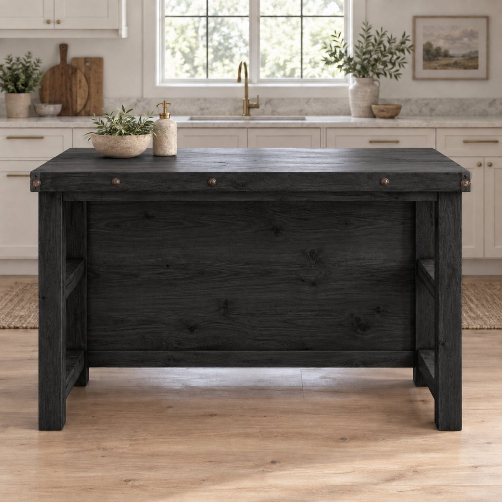 Industrial Solid Wood Kitchen Island, Rustic Bar-Height Prep Table with Open Shelf & Riveted Plank Top