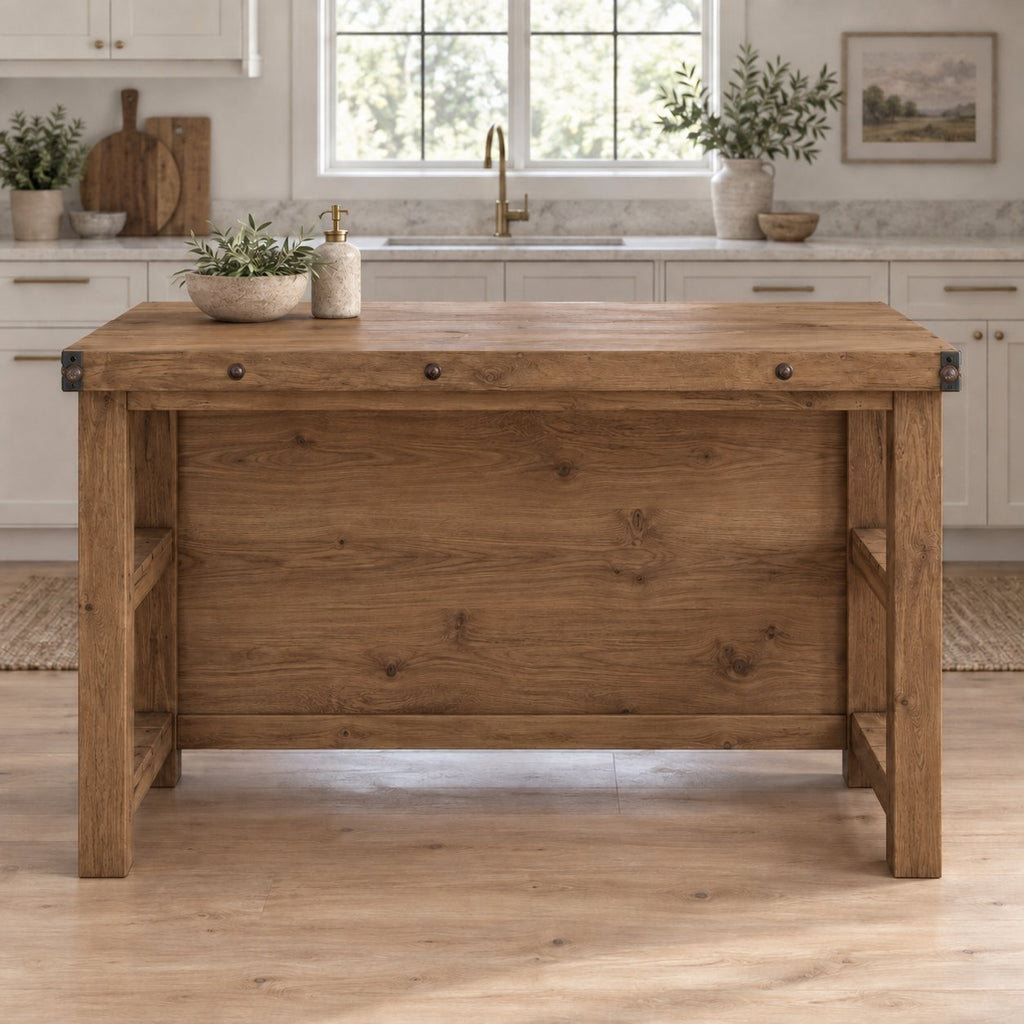 Industrial Solid Wood Kitchen Island, Rustic Bar-Height Prep Table with Open Shelf & Riveted Plank Top