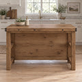 Industrial Solid Wood Kitchen Island, Rustic Bar-Height Prep Table with Open Shelf & Riveted Plank Top