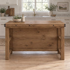 Industrial Solid Wood Kitchen Island, Rustic Bar-Height Prep Table with Open Shelf & Riveted Plank Top