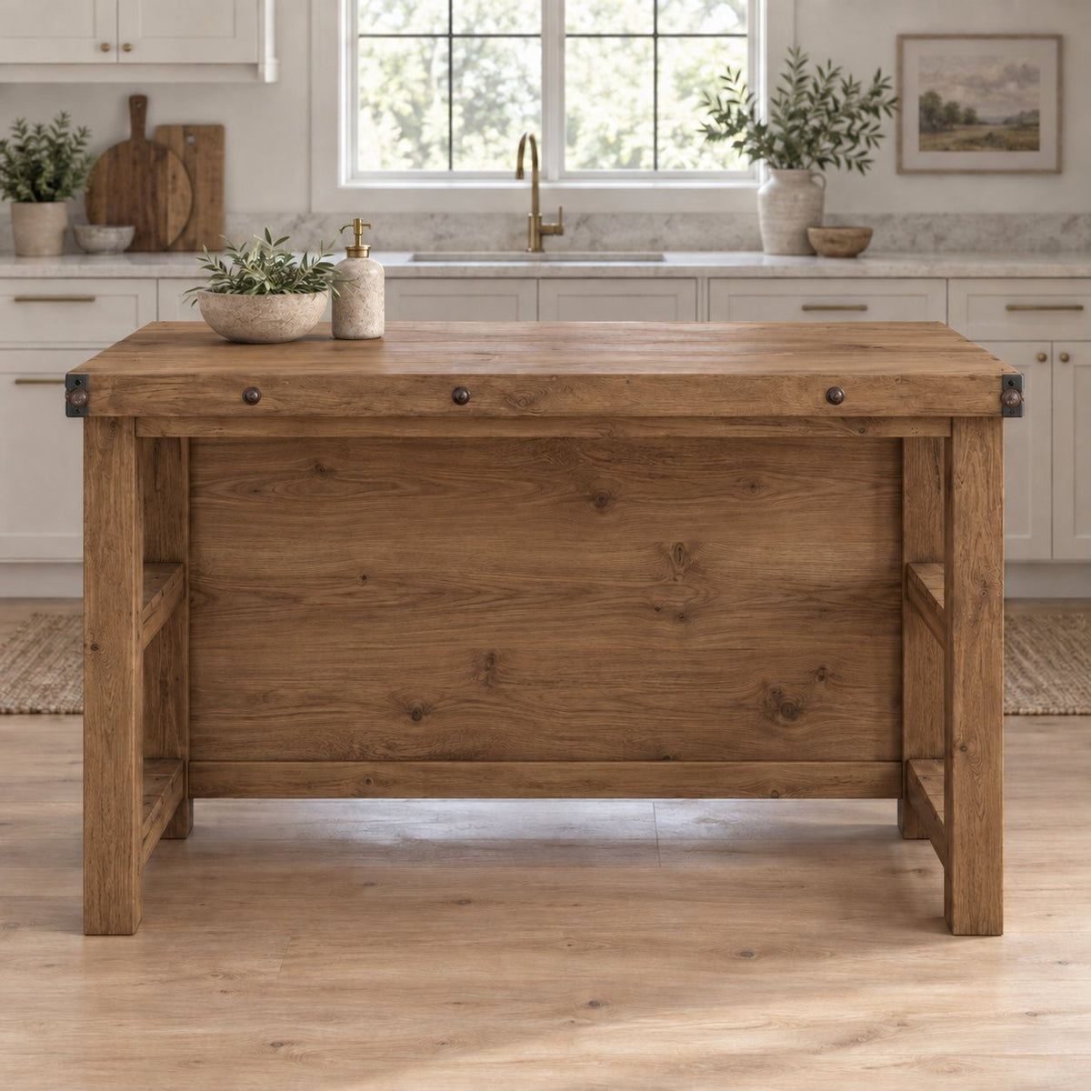 Industrial Solid Wood Kitchen Island, Rustic Bar-Height Prep Table with Open Shelf & Riveted Plank Top