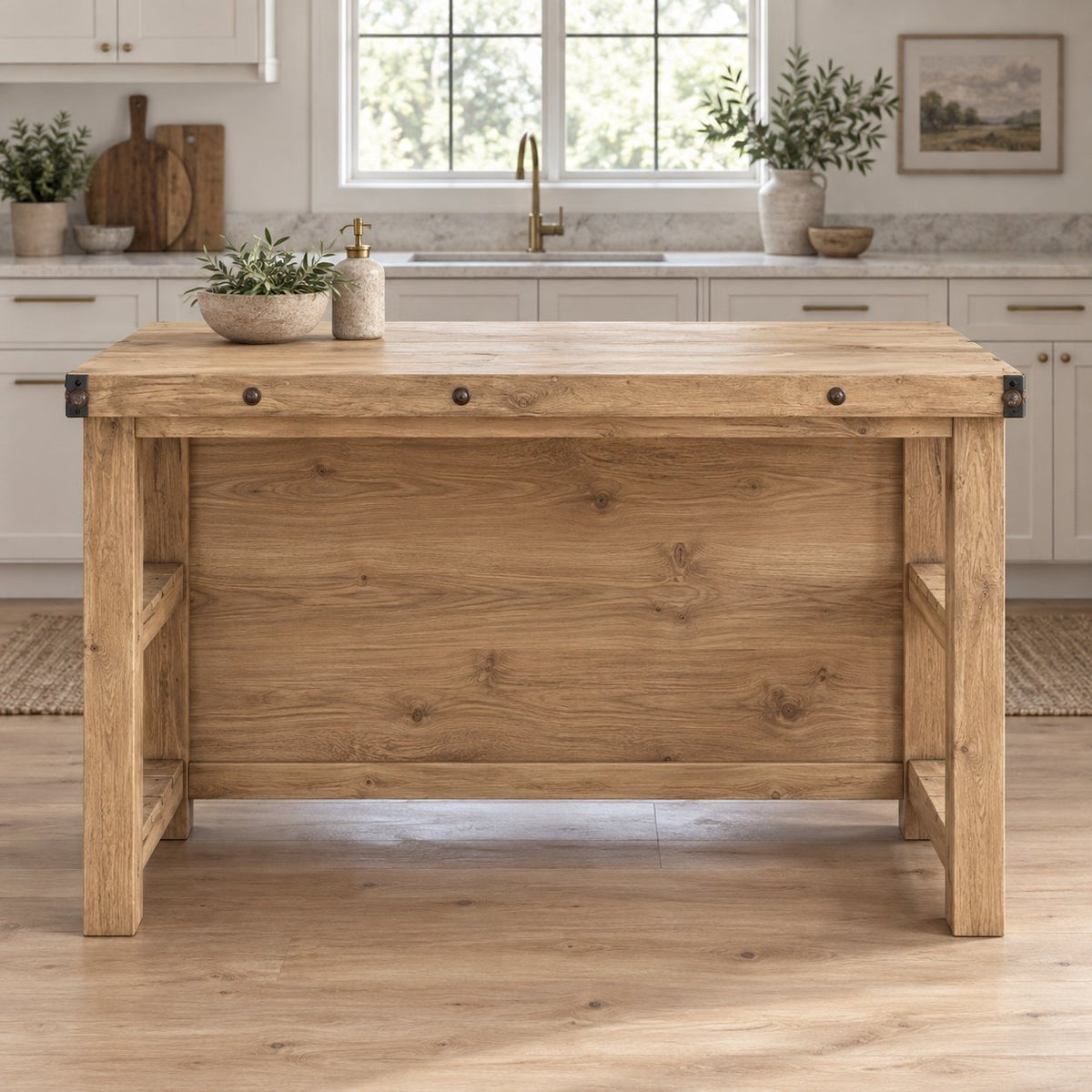 Industrial Solid Wood Kitchen Island, Rustic Bar-Height Prep Table with Open Shelf & Riveted Plank Top