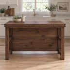 Industrial Solid Wood Kitchen Island, Rustic Bar-Height Prep Table with Open Shelf & Riveted Plank Top