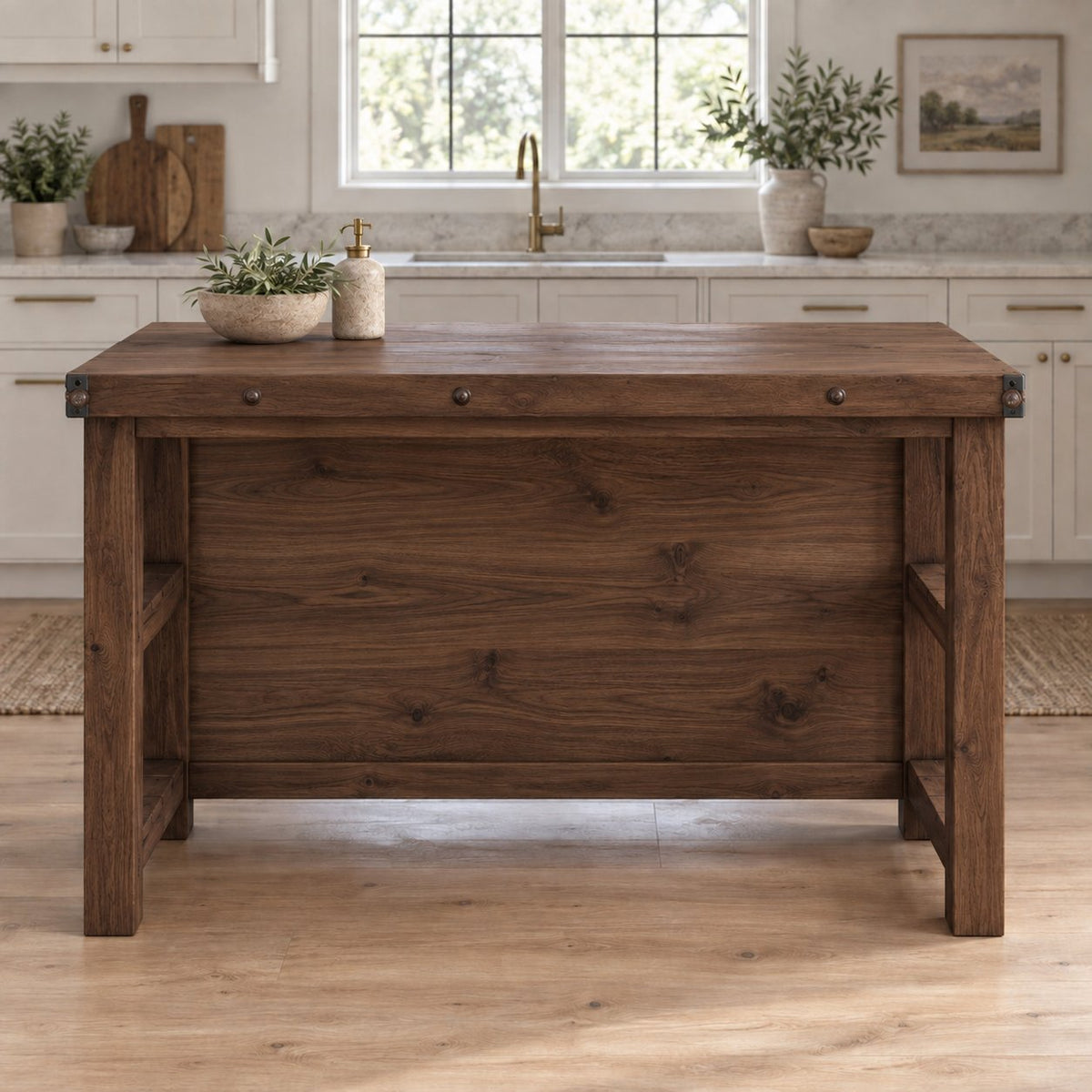 Industrial Solid Wood Kitchen Island, Rustic Bar-Height Prep Table with Open Shelf & Riveted Plank Top
