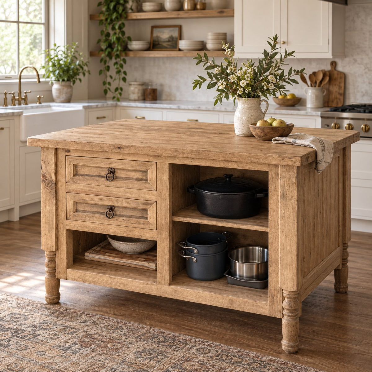 Farmhouse Solid Wood Kitchen Island, Rustic Oak Prep Table with Turned Legs, Two Drawers & Open Pot Shelves