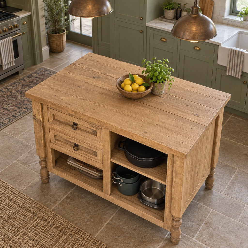 Farmhouse Solid Wood Kitchen Island, Rustic Oak Prep Table with Turned Legs, Two Drawers & Open Pot Shelves