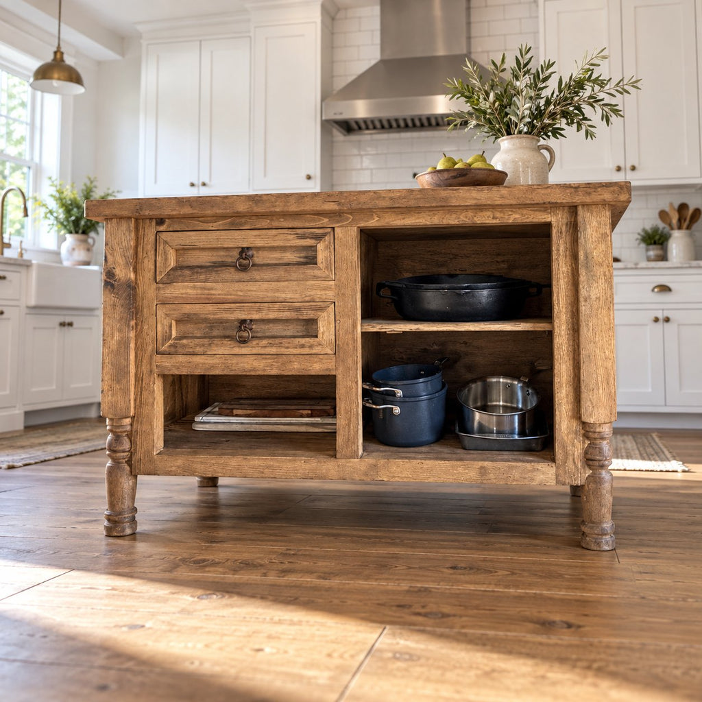 Farmhouse Solid Wood Kitchen Island, Rustic Oak Prep Table with Turned Legs, Two Drawers & Open Pot Shelves