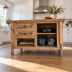 Farmhouse Solid Wood Kitchen Island, Rustic Oak Prep Table with Turned Legs, Two Drawers & Open Pot Shelves