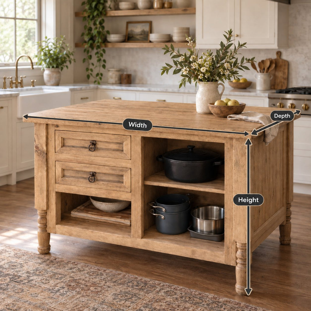 Farmhouse Solid Wood Kitchen Island, Rustic Oak Prep Table with Turned Legs, Two Drawers & Open Pot Shelves