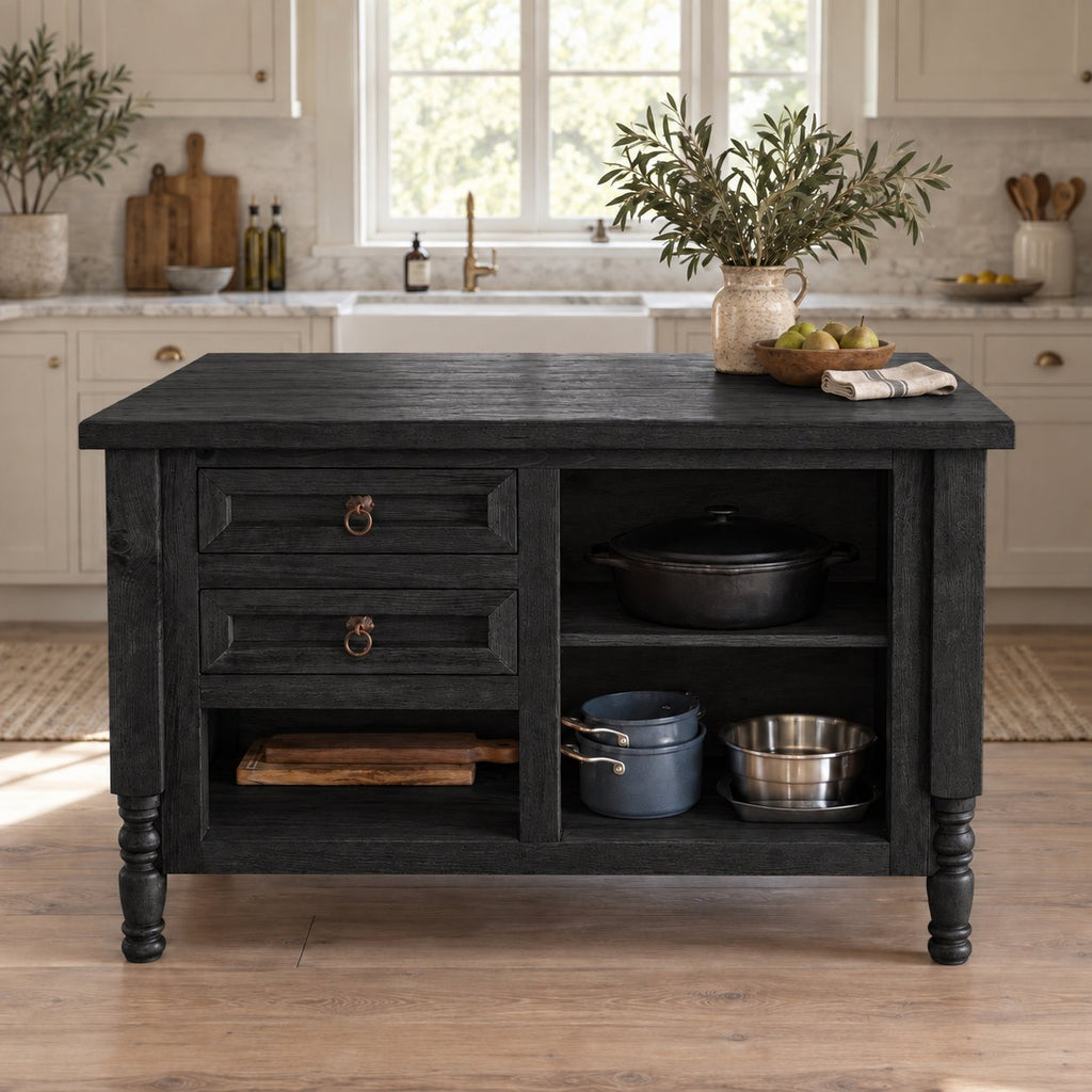 Farmhouse Solid Wood Kitchen Island, Rustic Oak Prep Table with Turned Legs, Two Drawers & Open Pot Shelves