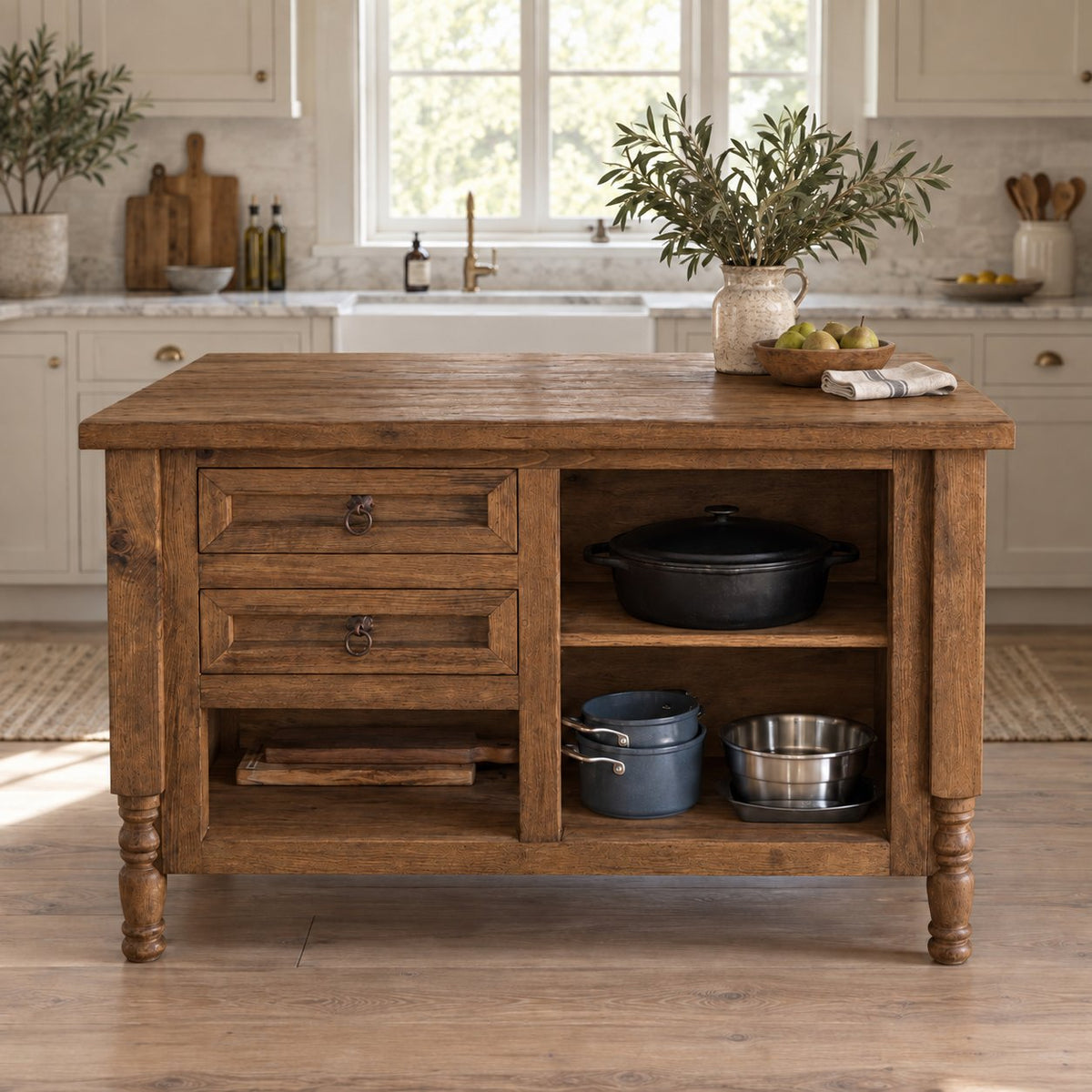 Farmhouse Solid Wood Kitchen Island, Rustic Oak Prep Table with Turned Legs, Two Drawers & Open Pot Shelves