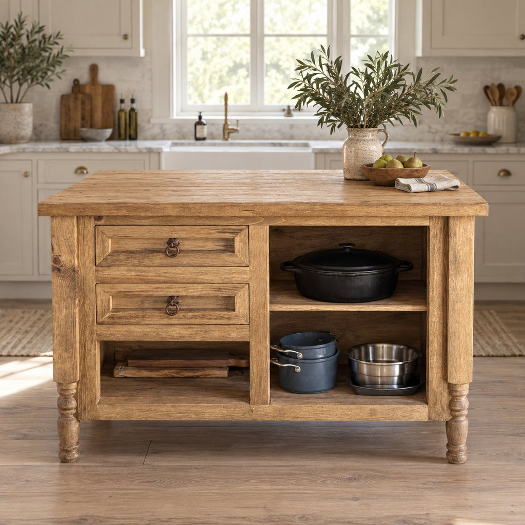 Farmhouse Solid Wood Kitchen Island, Rustic Oak Prep Table with Turned Legs, Two Drawers & Open Pot Shelves