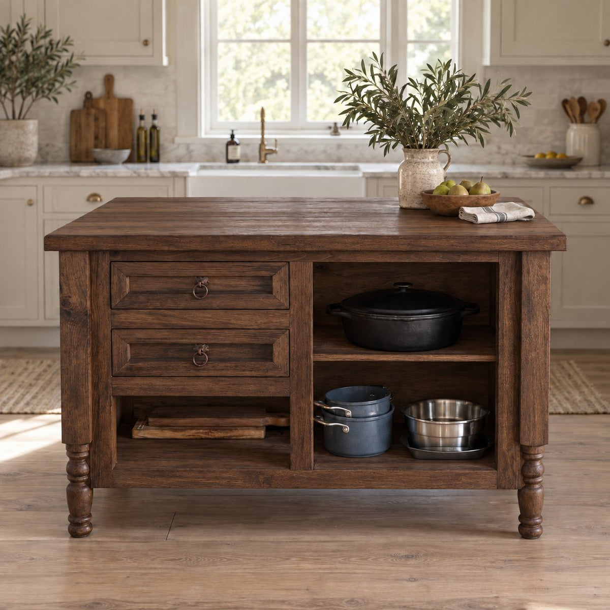 Farmhouse Solid Wood Kitchen Island, Rustic Oak Prep Table with Turned Legs, Two Drawers & Open Pot Shelves