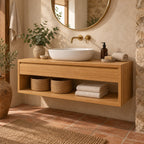 Floating Solid Oak Bathroom Vanity, Natural Wood Wall-Mounted Console with Drawer & Open Shelf