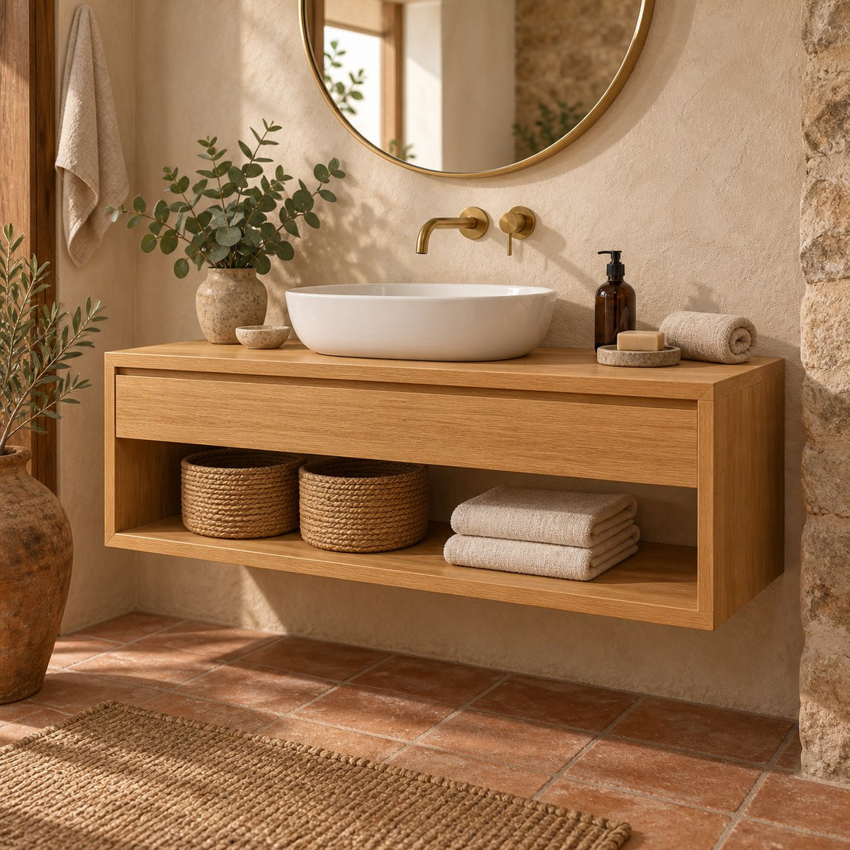 Floating Solid Oak Bathroom Vanity, Natural Wood Wall-Mounted Console with Drawer & Open Shelf