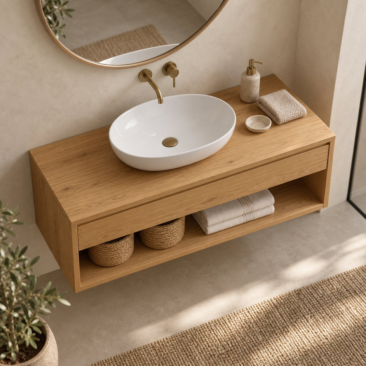 Floating Solid Oak Bathroom Vanity, Natural Wood Wall-Mounted Console with Drawer & Open Shelf