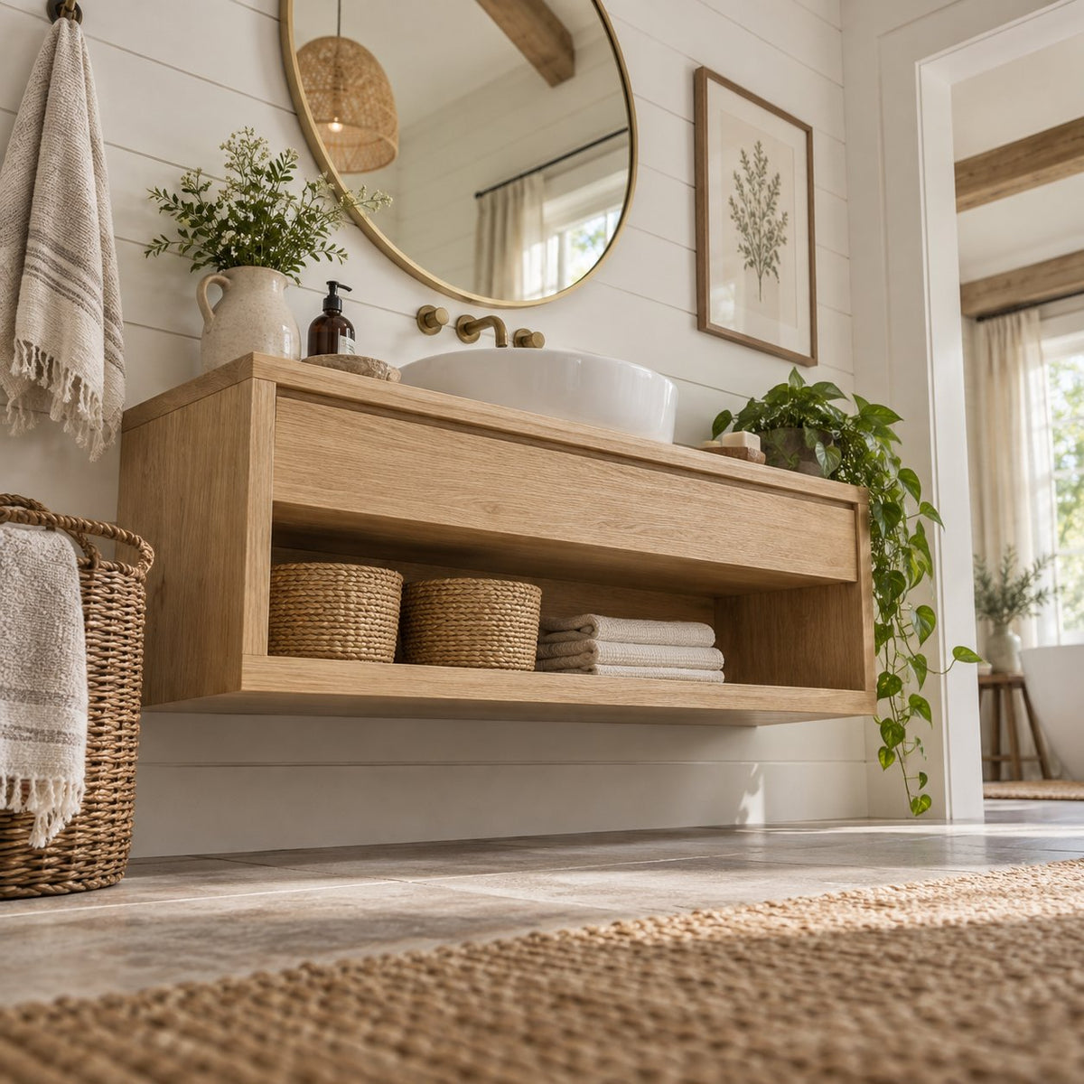 Floating Solid Oak Bathroom Vanity, Natural Wood Wall-Mounted Console with Drawer & Open Shelf