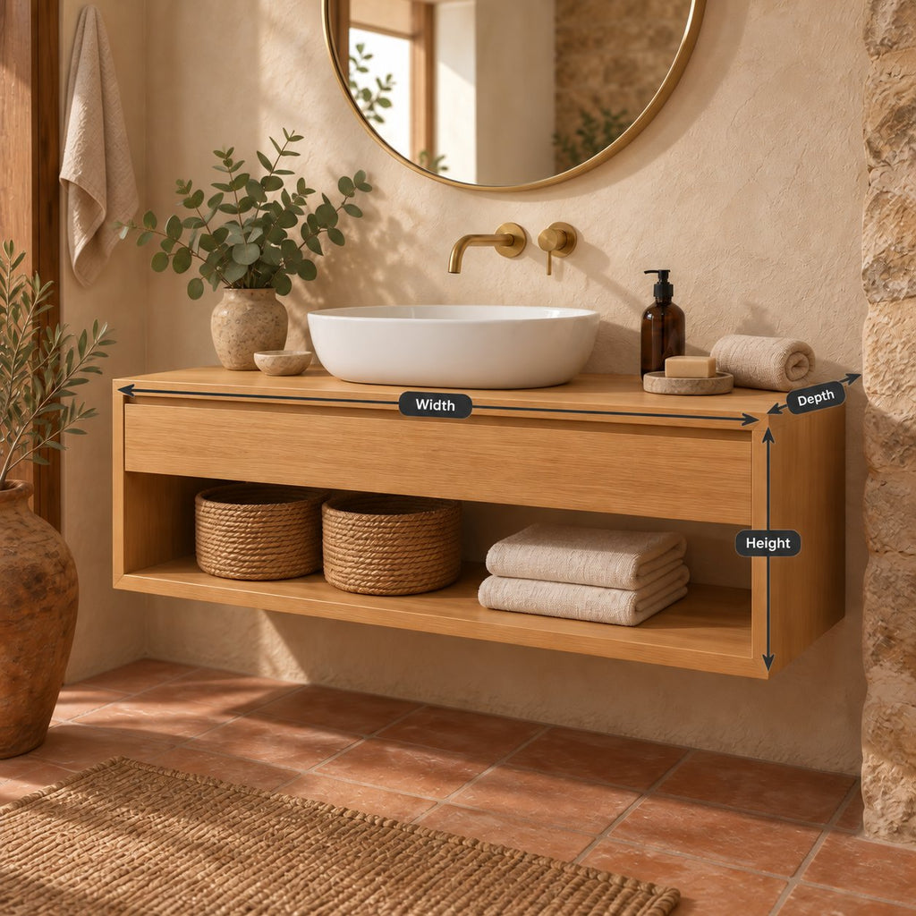 Floating Solid Oak Bathroom Vanity, Natural Wood Wall-Mounted Console with Drawer & Open Shelf