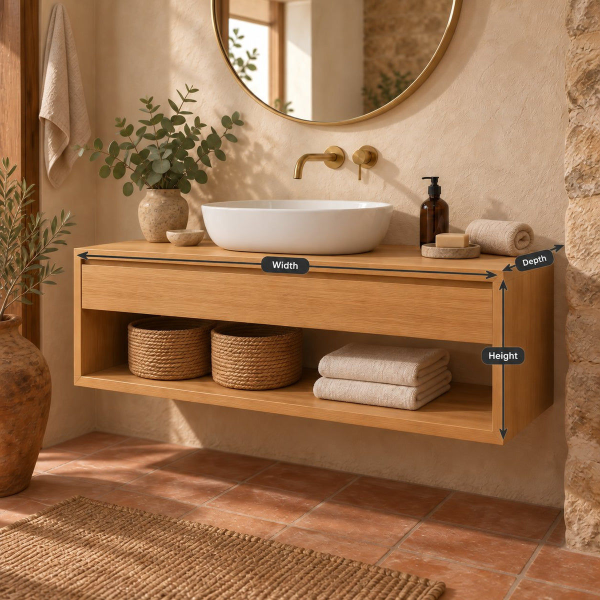 Floating Solid Oak Bathroom Vanity, Natural Wood Wall-Mounted Console with Drawer & Open Shelf