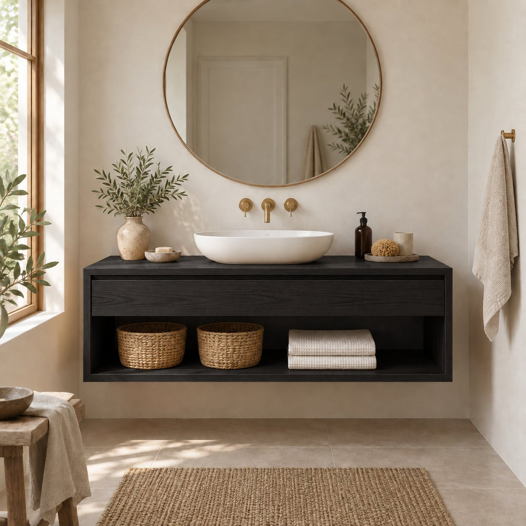 Floating Solid Oak Bathroom Vanity, Natural Wood Wall-Mounted Console with Drawer & Open Shelf